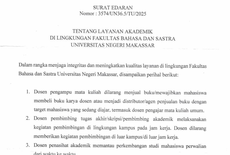 Surat Edaran Aturan Baru Layanan Akademik Fakultas Bahasa dan Sastra (Foto: Int)
