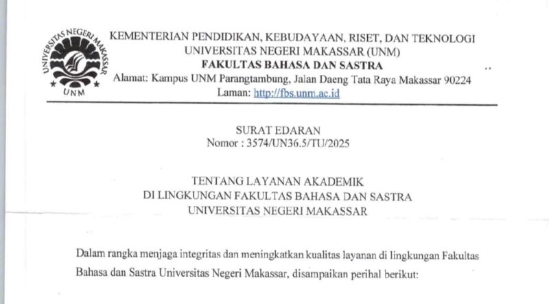 Surat Edaran Layanan Akademik FBS UNM 2025, (Foto: Ist.)