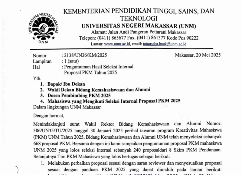 Surat Edaran Pengumuman Proposal PKM yang Lolos Seleksi Internal 240 Mahasiswa (Foto: Int) 