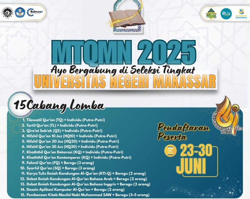 Poster MTQMN 2025 UNM Menghadirkan 15 Cabang Lomba Tingkat Mahasiswa