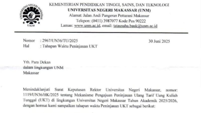 Surat Pengumuman Tahapan Waktu Peninjauan UKT, (Foto: Ist.)