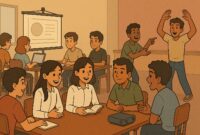 Ilustrasi mahasiswa sedang menerapkan gaya belajar sesuai dengan kepribadiannya masing-masing, (Foto : AI)