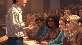 Ilustrasi Seorang Pria  Menarik Perhatian Para Audiens Lewat Tutur Katanya, (Foto: AI.)