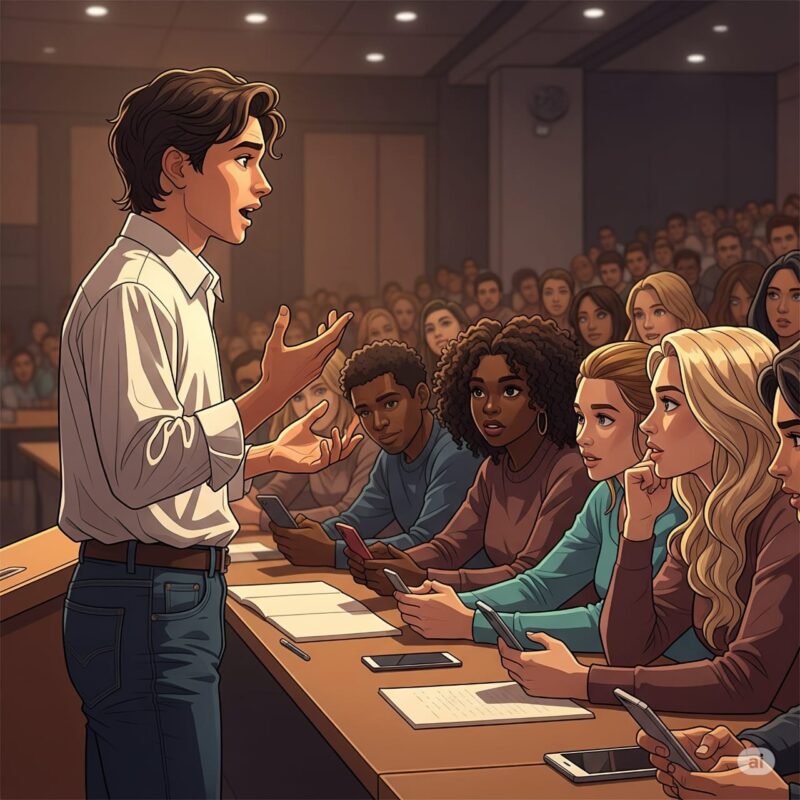 Ilustrasi Seorang Pria  Menarik Perhatian Para Audiens Lewat Tutur Katanya, (Foto: AI.)