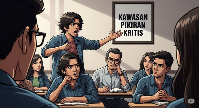 Gambar ilustrasi mahasiswa sedang menyampaikan kritis dalam sebuah forum, (Foto : AI)