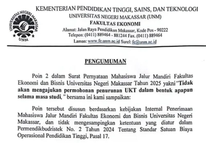 Surat pengumuman resmi oleh dekan Fakultas Ekonomi dan Bisnis (FEB) terkait dengan isu UKT Jalur Mandiri, (Foto: Ist.)