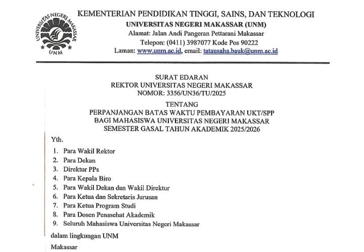 Surat edaran Rektor UNM mengenai perpanjangan batas waktu pembayaran UKT, (Foto: Ist.)