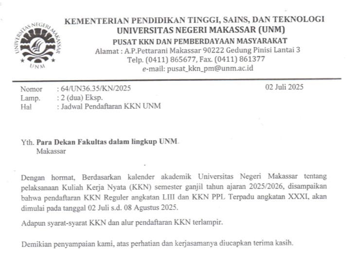 Surat Pengumuman Jadwal Pendaftaran KKN UNM, (Foto: Int.)
