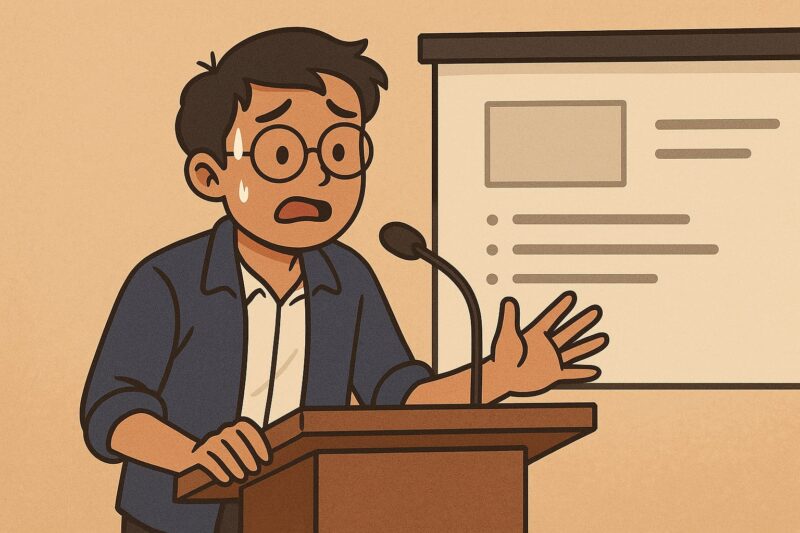 Ilustrasi Seseorang yang Gugup Saat Presentasi, (Foto: AI.)