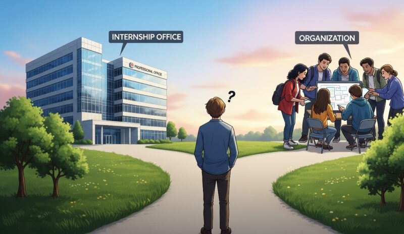 Ilustrasi Mahasiswa Bingung Pilih Magang atau Organisasi (Foto: AI).