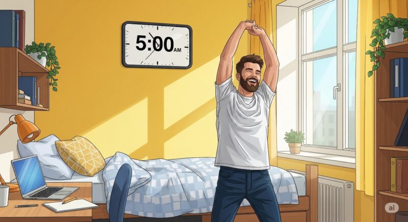 Ilustrasi seorang mahasiswa yang memiliki menajemen tidur yang baik, (Foto : AI).