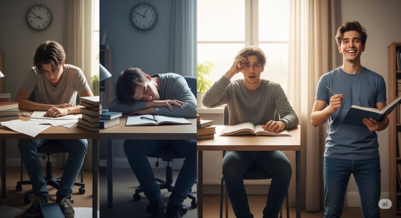 Ilustrasi perjalanan emosional mahasiswa saat keadaan hilang motivasi untuk produktifitas, (Foto : AI).