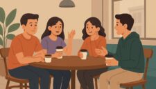 Ilustrasi Mahasiswa Berdiskusi Santai Sambil Ngopi di Cafe, (Foto: AI.)