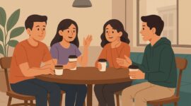 Ilustrasi Mahasiswa Berdiskusi Santai Sambil Ngopi di Cafe, (Foto: AI.)
