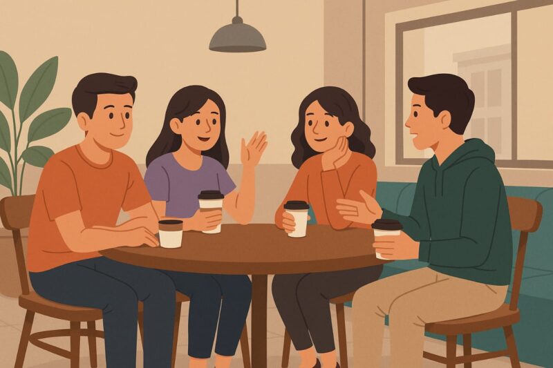 Ilustrasi Mahasiswa Berdiskusi Santai Sambil Ngopi di Cafe, (Foto: AI.)