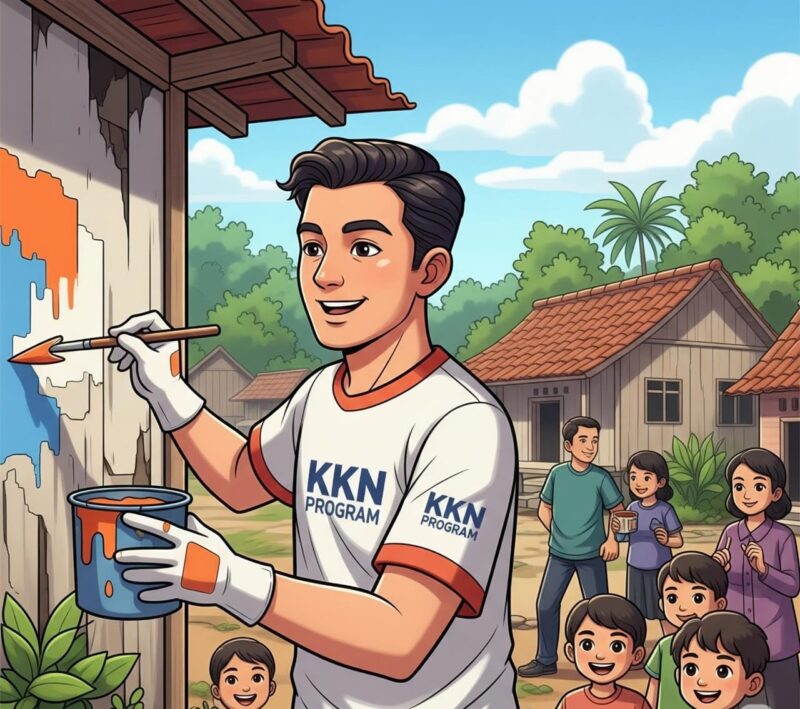 Ilustrasi Mahasiswa KKN Mengecat Rumah Warga Bersama Anak Desa, (Foto: AI.)