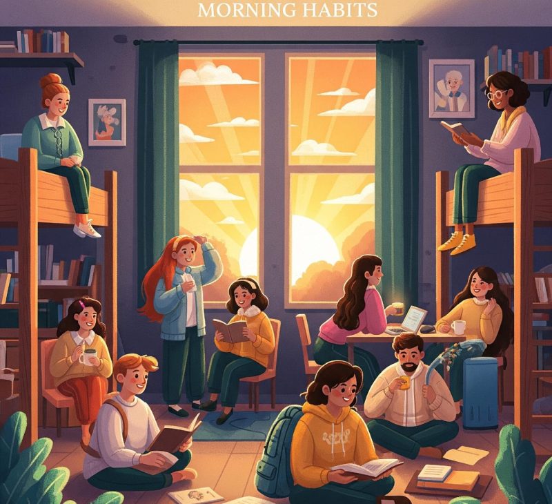 Ilustrasi Mahasiswa Memulai Pagi dengan Membaca, Belajar, dan Berbincang, (Foto: Ai.)