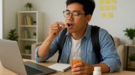 Ilustrasi Mahasiswa Sedang Minum Vitamin, (Foto: AI)