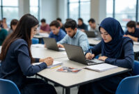 Ilustrasi mahasiswa yang sedang kumpul mengerjakan tugas, (Foto:Ai.)