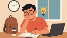 Ilustrasi Mahasiswa yang berusaha fokus pada saat mengantuk (foto:AI)