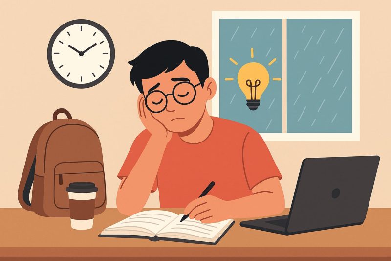 Ilustrasi Mahasiswa yang berusaha fokus pada saat mengantuk (foto:AI)