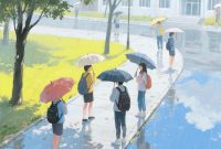 Ilustrasi Beberapa Mahasiswa Memakai Payung Karena Sedang Hujan Pada saat ke Kampus, (Foto: AI)