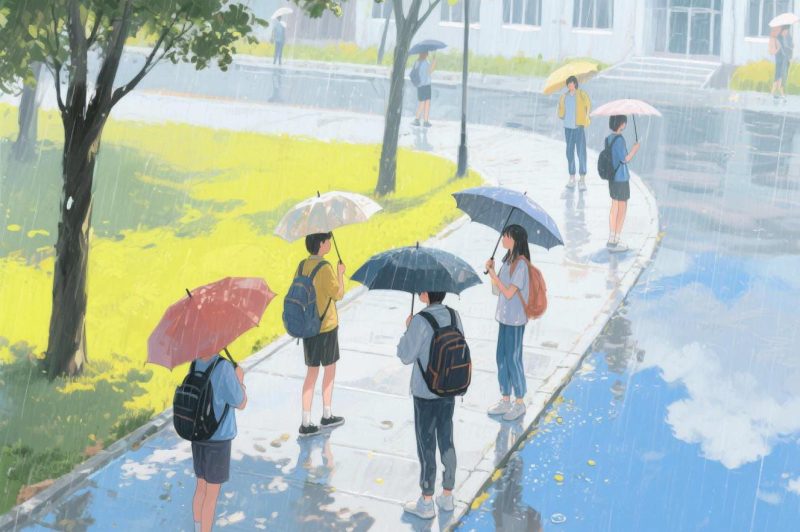 Ilustrasi Beberapa Mahasiswa Memakai Payung Karena Sedang Hujan Pada saat ke Kampus, (Foto: AI)