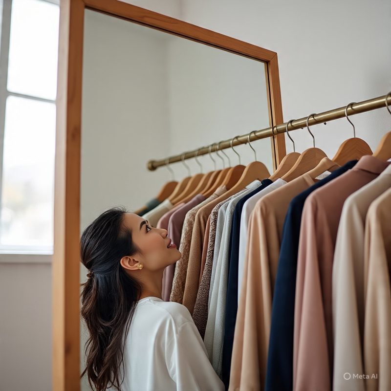 ilustrasi mahasiswa yang sedang memilih outfit ke kampus, (Foto:Ai.)