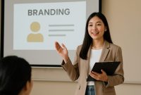 Ilustrasi mahasiswa mempresentasikan materi tentang personal branding, (foto:AI.)