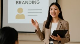 Ilustrasi mahasiswa mempresentasikan materi tentang personal branding, (foto:AI.)