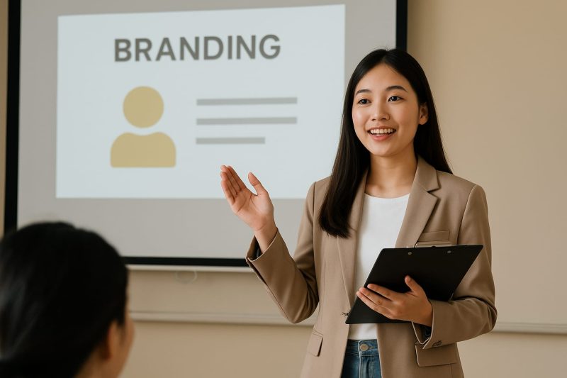 Ilustrasi mahasiswa mempresentasikan materi tentang personal branding, (foto:AI.)