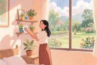 Ilustrasi seseorang yang membereskan kamar saat hujan, (Foto: AI.)