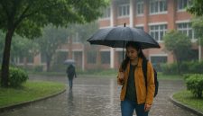 Potret mahasiswa pada area kampus sambil membawa payung saat hujan turun,(Foto: AI)