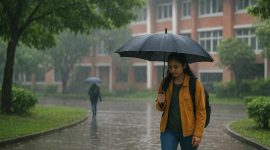 Potret mahasiswa pada area kampus sambil membawa payung saat hujan turun,(Foto: AI)