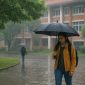 Potret mahasiswa pada area kampus sambil membawa payung saat hujan turun,(Foto: AI)