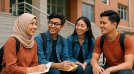 Potret mahasiswa tampak berdiskusi dan belajar bersama di area kampus, (Foto: AI)