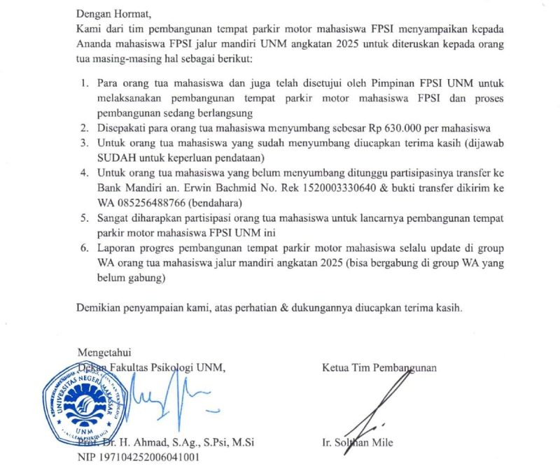 Surat Penyampaian Tempat Parkir Motor Mahasiswa FPsi, (Foto: Ist.)