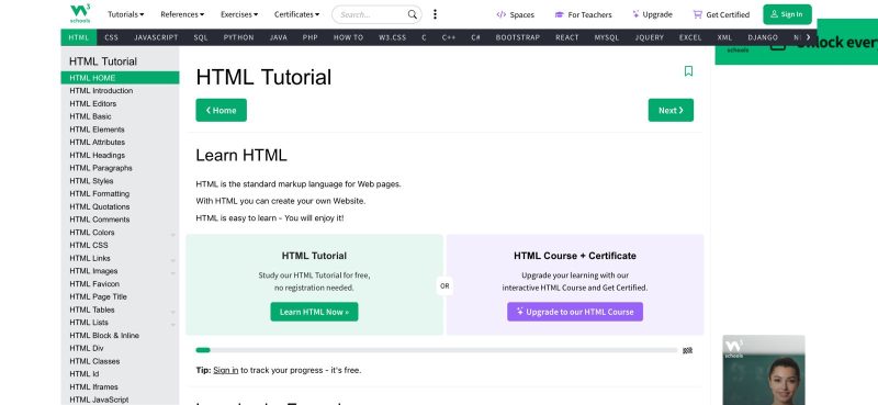 Tampilan platform W3school, salah satu tempat belajar coding gratis, (Foto: Int.)