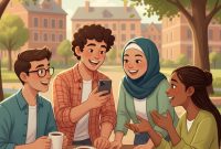Ilustrasi mahasiswa sedang menjalin hubungan akrab dengan teman sebayanya, (Foto : Ai)