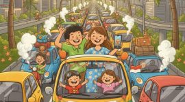 Ilustrasi keluarga menikmati perjalanan saat arus mudik akhir tahun, (Foto: Ai.)