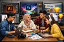Potret mahasiswa menggunakan beberapa aplikasi untuk mendesain (Foto:int)
