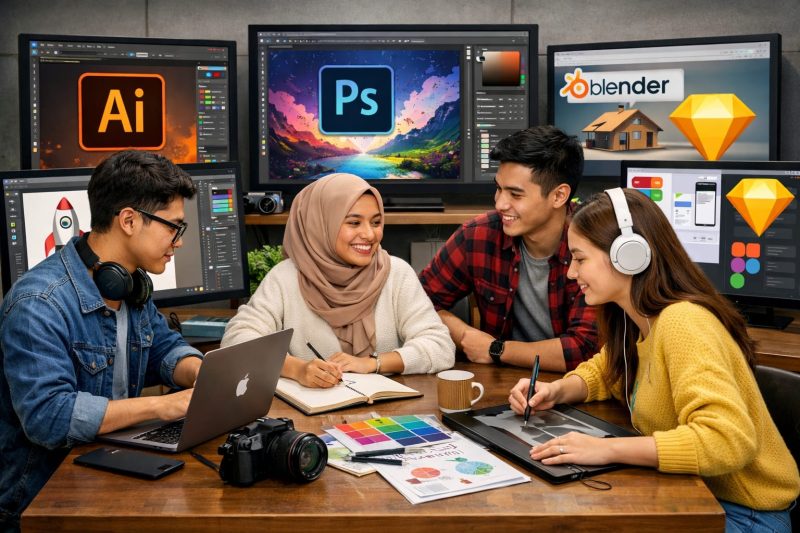 Potret mahasiswa menggunakan beberapa aplikasi untuk mendesain (Foto:int)