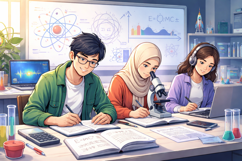 Mahasiswa mempelajari fisika modern melalui diskusi, eksperimen, dan pemanfaatan teknologi visual di ruang belajar kampus,(Foto : Ai)