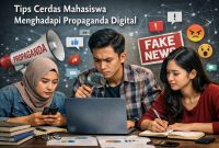 Ilustrasi Mahasiswa saat menyaring Informasi digital, (Foto: Ai.)