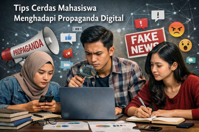 Ilustrasi Mahasiswa saat menyaring Informasi digital, (Foto: Ai.)