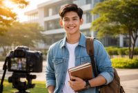 Ilustrasi seorang mahasiswa yang tampil di depan kamera, (Foto: Ai.)