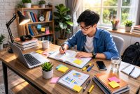 Potret seorang mahasiswa belajar dengan fokus di ruang yang rapi dan terang, (Foto: Ai.)