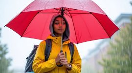 Ilustrasi mahasiswa yang sedang kehujanan, (Foto :Ai.)