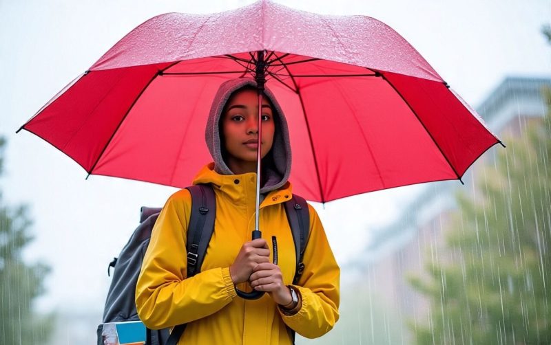 Ilustrasi mahasiswa yang sedang kehujanan, (Foto :Ai.)