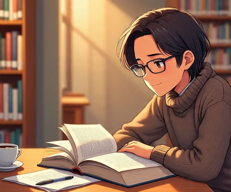 Ilustrasi mahasiswa yang sedang membaca buku di perpustakaan, (Foto: Ai.)